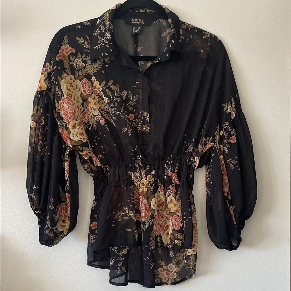 Forever 21 Contemporary|Black Floral Boho Sheer Blouse High Low Hem|XS|EUC
